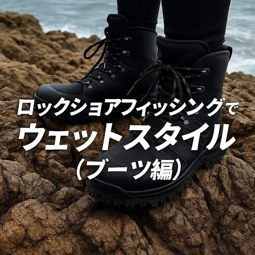 磯場のごつごつした岩の上で、黒いハイカットブーツを履いた釣り人がしっかりと足を踏みしめている様子。背景には波が打ち寄せる海が広がっており、画像中央には『ロックショアフィッシングでウェットスタイル（ブーツ編）』という大きな日本語タイトルが重なっている。