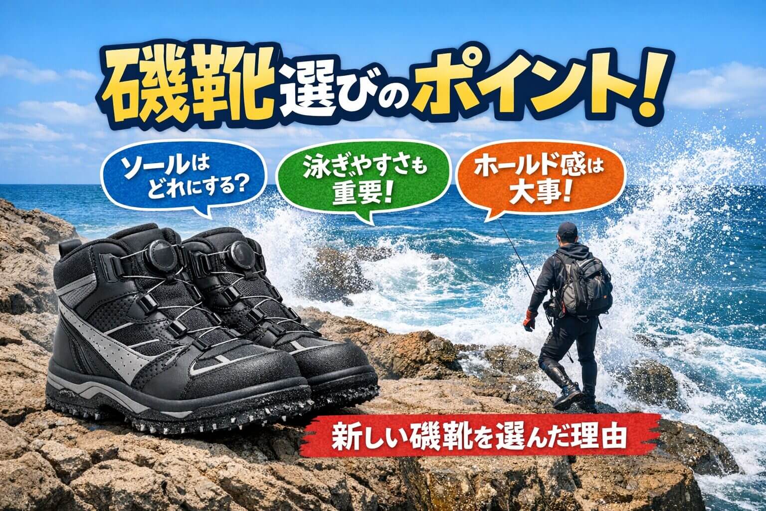 磯の岩場と荒れた波を背景に、磯靴の大きな写真と磯釣りをする人物を配置したブログ用アイキャッチ画像。大きく「磯靴選びのポイント！」と書かれ、吹き出しで「ソールはどれにする？」「泳ぎやすさも重要！」「ホールド感は大事！」、下部に「新しい磯靴を選んだ理由」と表示されている。